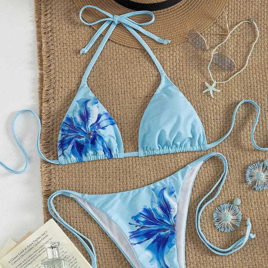 Damen Triangel-Bikini mit floralem Print und verstellbaren Bindeband EB