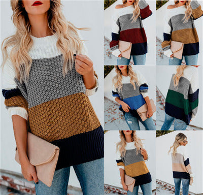 Damen Grobstrickpullover mit modernem Streifenmuster und lässigem Schnitt EB