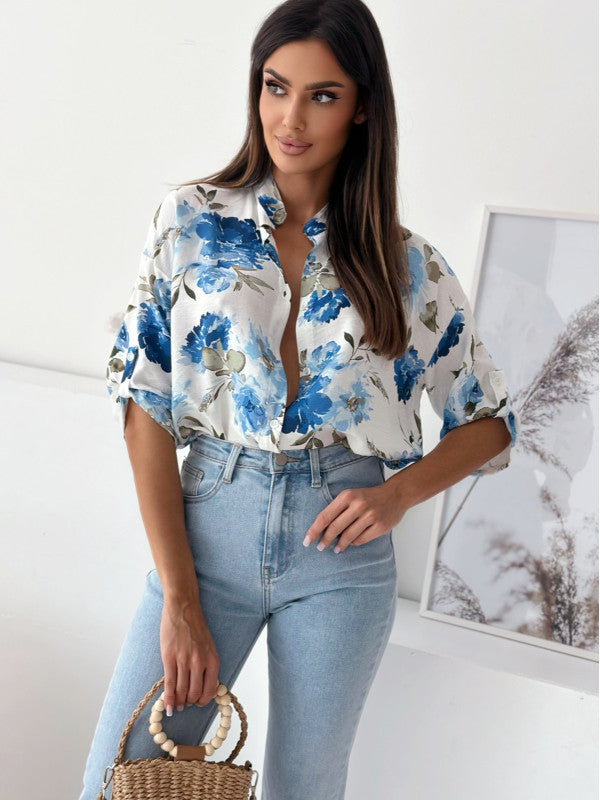 Damen blumige Oversize-Bluse mit kurzen Ärmeln EB