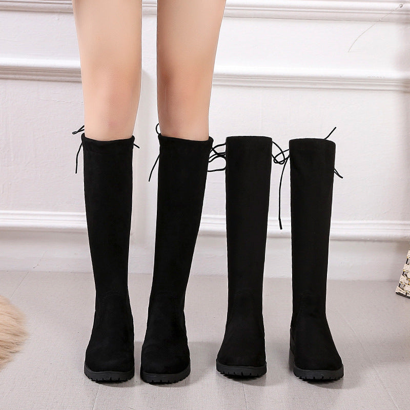Damen Überknee-Stiefel mit samtiger Oberfläche und verstellbarem Schnürdetail EB