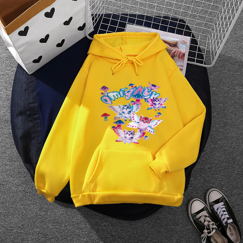 Damen nan Kapuzenpullover mit verspieltem Katzen‑Schmetterlings-Print und Kängurutasche EB