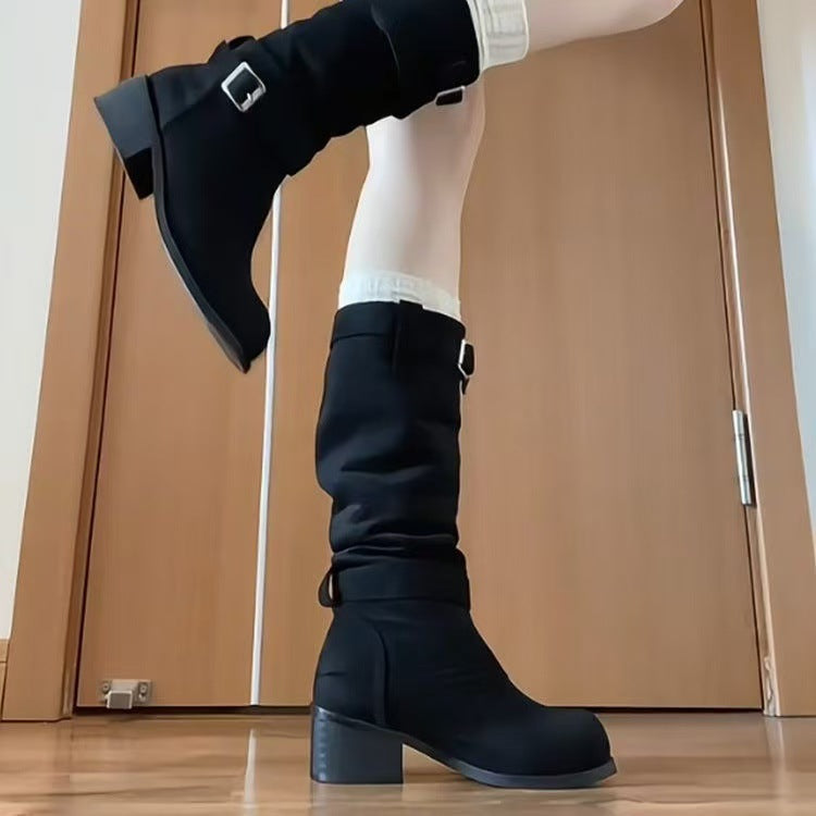 Damen Elegante Stiefel mit modischem Schnallenverschluss und blockigem Absatz EB