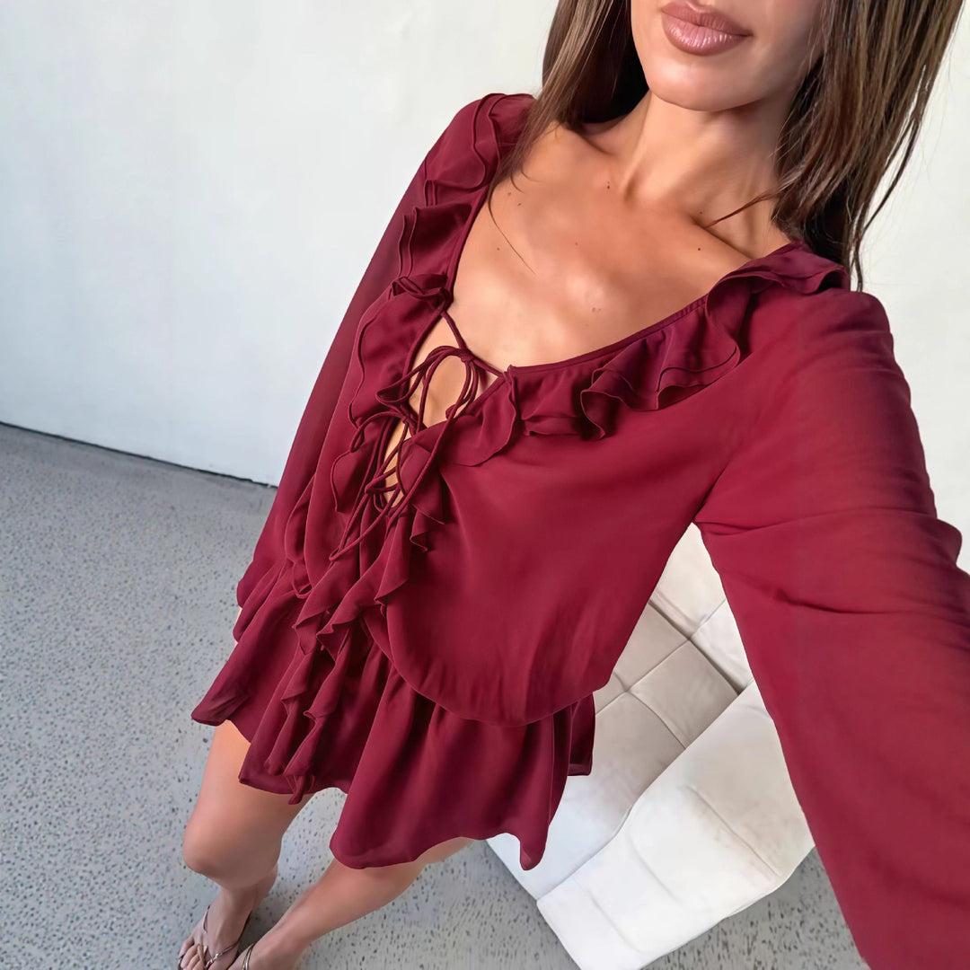 Damen Chiffonbluse mit eleganter Rüschendekoration und tiefem V-Ausschnitt EB