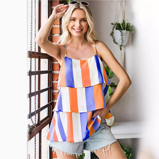 Damen luftiges Streifen-Top mit geschichtetem Design EB
