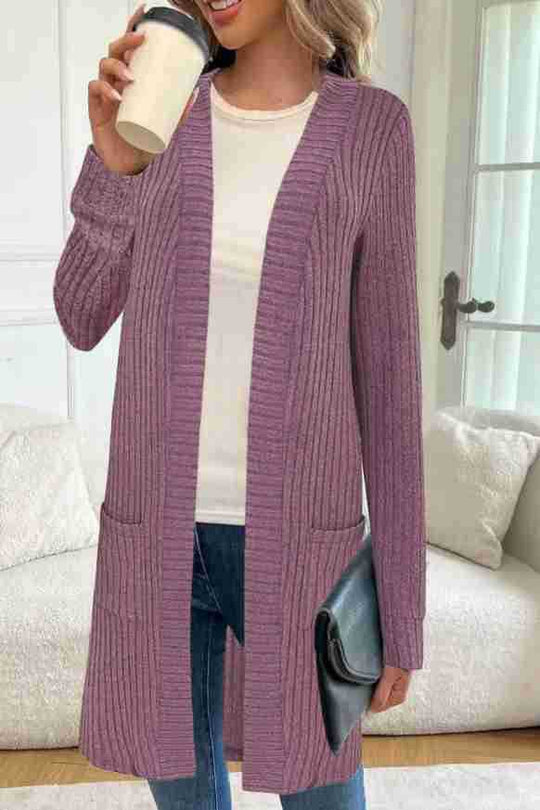 Damen modischer gestrickter Longcardigan mit praktischen Taschen EB