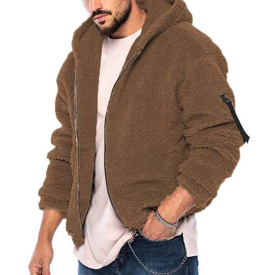 Herren kuschelige Teddyjacke mit seitlichen Reißverschlusstaschen und Kapuze EB