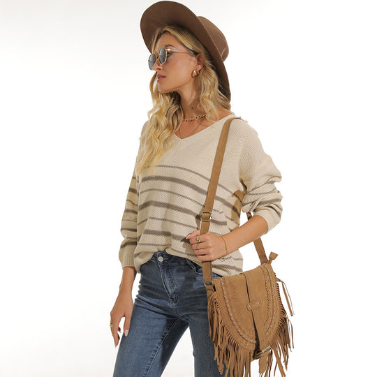 Damen lässiger Pullover mit modernem Streifenmuster und V-Ausschnitt EB