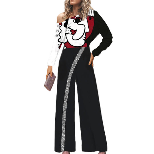 Damen Einseitiger Jumpsuit mit Glanzstreifen und grafischem Kunstwerk EB