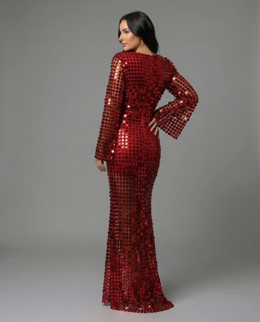 Damen Glamouröses Abendkleid mit funkelnden Pailletten und transparenten Ärmeln EB