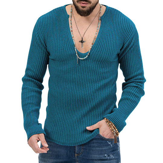 Herren lässiger Ripp-Pullover mit tiefem V-Ausschnitt und feiner Struktur EB