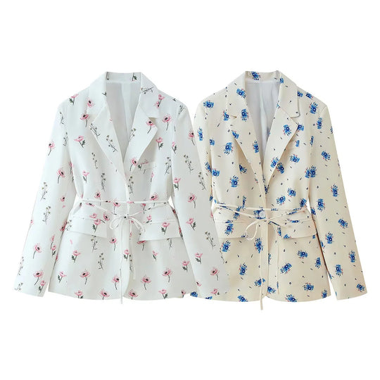 Damen elegante Blazerjacke mit floralem Muster und taillierbarem Gürtel EB