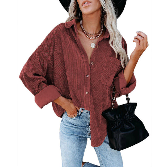 Damen nan oversized Cordhemd mit Brusttasche, Hemdkragen und aufgerollten Ärmeln EB