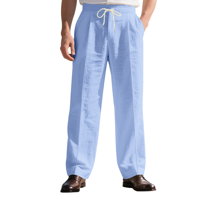 Herren nan legere Leinen-Bundfaltenhose mit elastischem Bund und Kordelzug EB