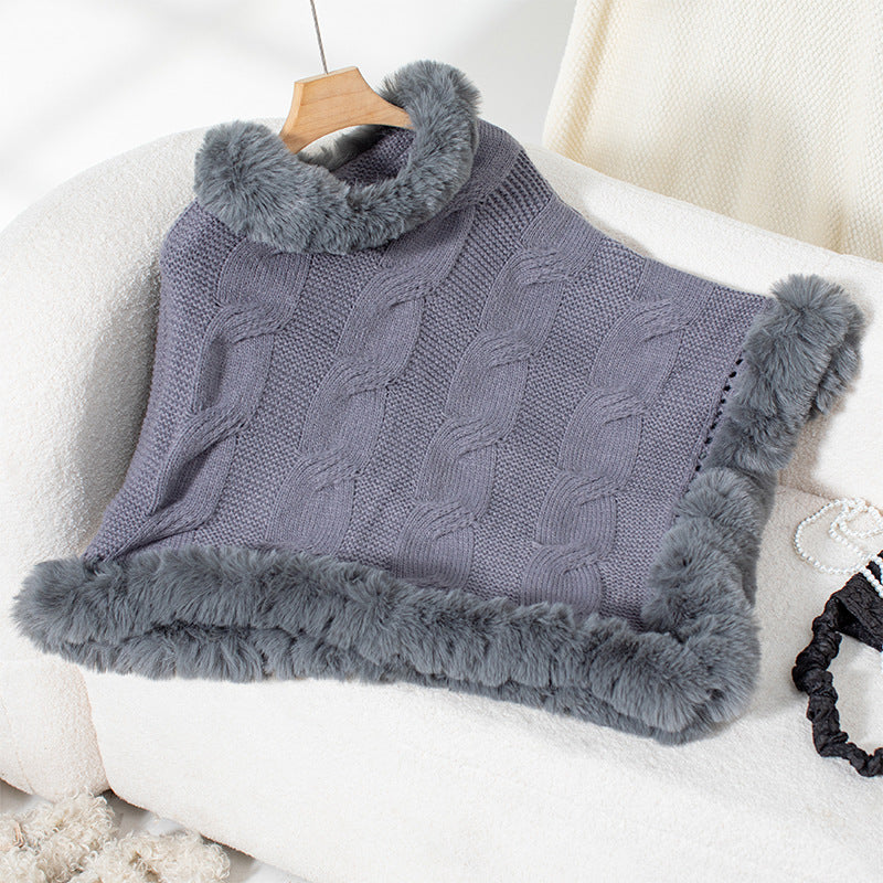 Damen kuschelige Strick-Poncho mit weichem Kunstfellbesatz und Zopfmuster EB