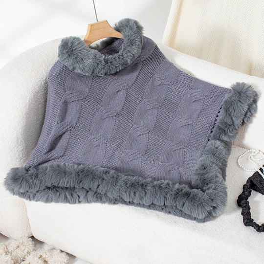 Damen kuschelige Strick-Poncho mit weichem Kunstfellbesatz und Zopfmuster EB