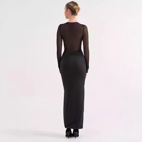 Damen Elegantes Maxikleid mit transparenten Einsätzen und Raffung EB