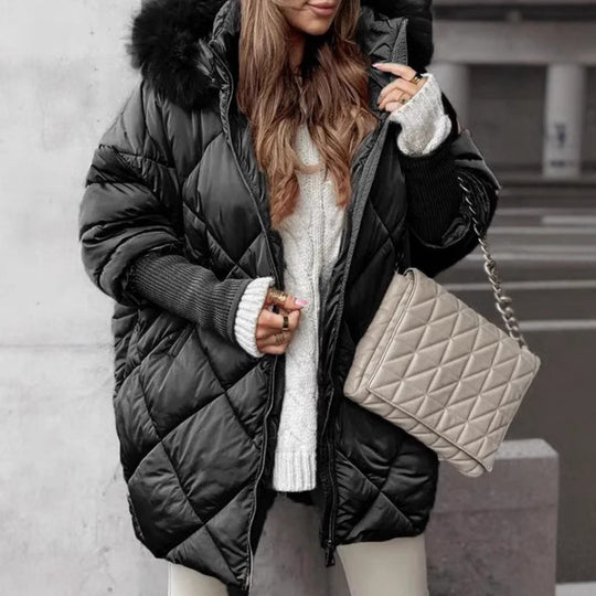 Damen Oversized Steppjacke mit Kunstpelzkragen EB