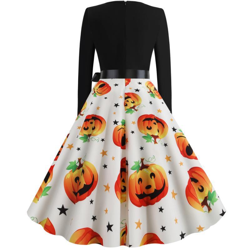 Damen Vintage Swing-Kleid mit Halloween-Kürbisprint, V-Ausschnitt mit Wellensaum und tailliertem Satinband EB
