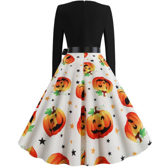 Damen Vintage Swing-Kleid mit Halloween-Kürbisprint, V-Ausschnitt mit Wellensaum und tailliertem Satinband EB