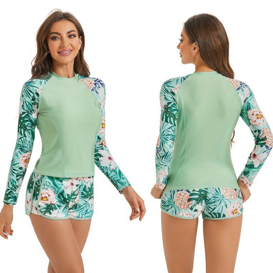 Damen Surfanzug-Set mit langärmeliger Oberteil und modischem Blumenmuster EB