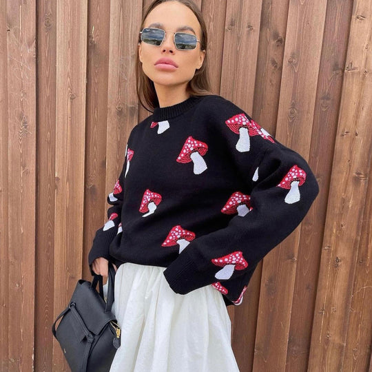 Damen Pullover mit verspielten Pilzstickereien EB