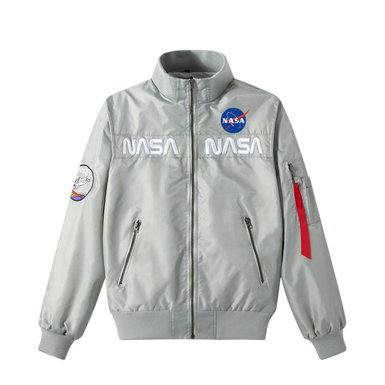 Men's  retro space-logo nylon zip bomber with angled zip pockets and utility sleeve tab EB