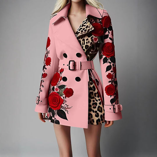 Damen Taillierter Trenchcoat mit Rosenprint und Leoparden-Innenfutter EB