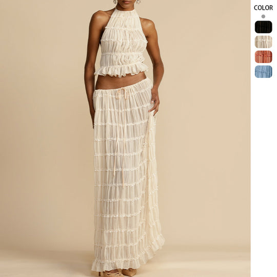 Damen Elegantes und verspieltes Zweiteiliges Sommerkleid mit gerafftem Oberteil und fließendem Rock EB