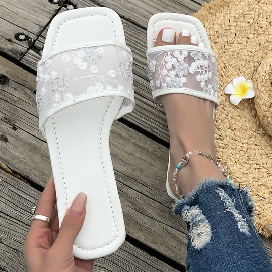 Damen elegante Pantoletten mit floralem Spitzen-Design und weich gepolsterter Sohle EB