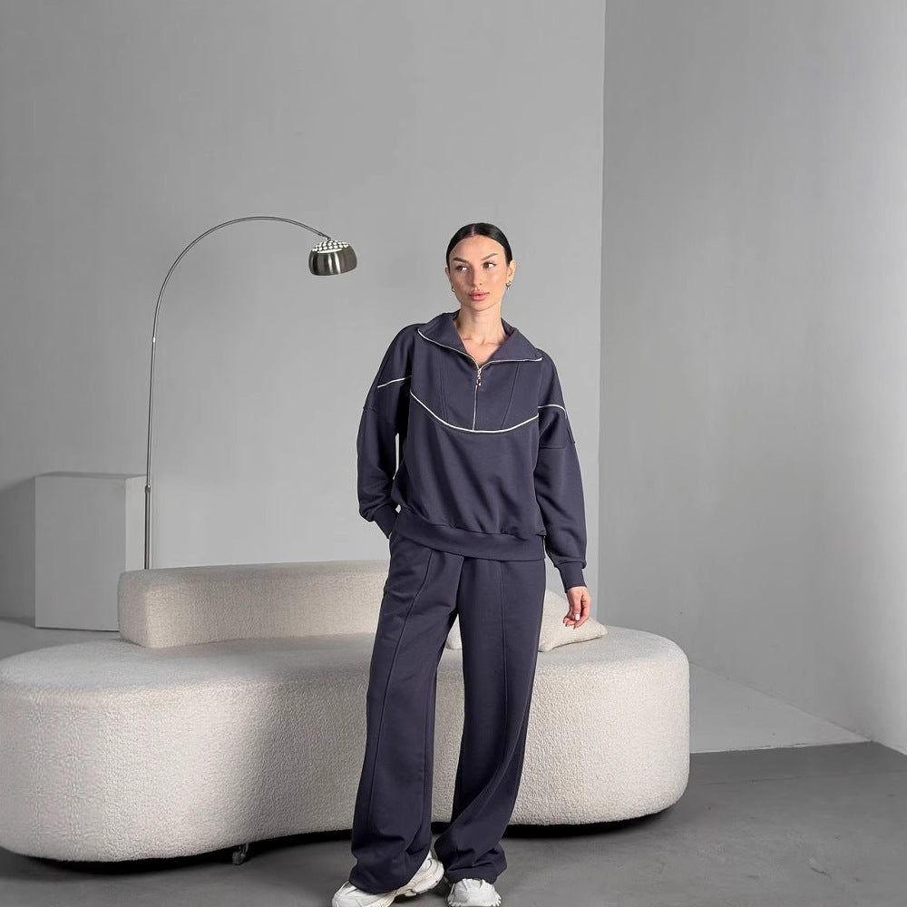 Damen Lockeres Loungewear-Set mit halbhohem Reißverschluss, überschnittenen Schultern und weiter Palazzohose EB