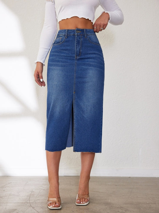 Damen Midi-Denimrock mit Schlitz und lässigem A-Linien-Schnitt EB