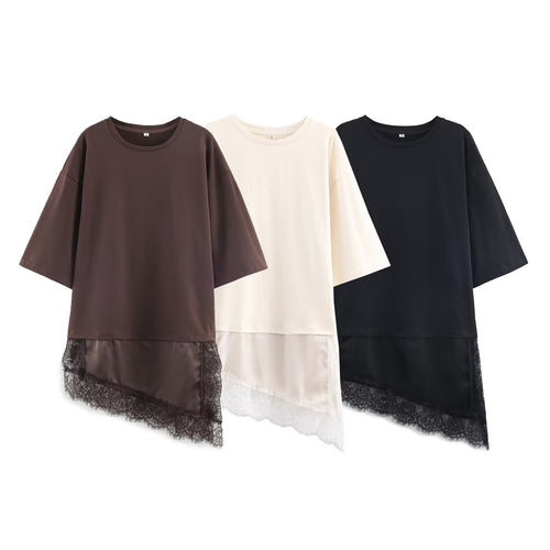 Damen asymmetrisches T-Shirt mit Spitzenbesatz EB