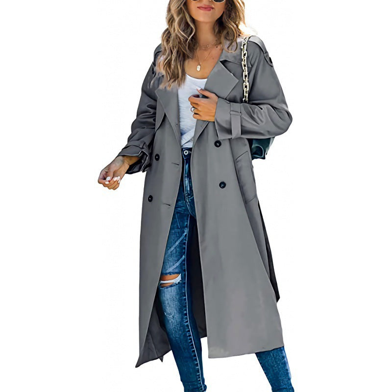 Damen eleganter Trenchcoat mit doppelt Reihe Knopfverschluss und Taillengürtel EB