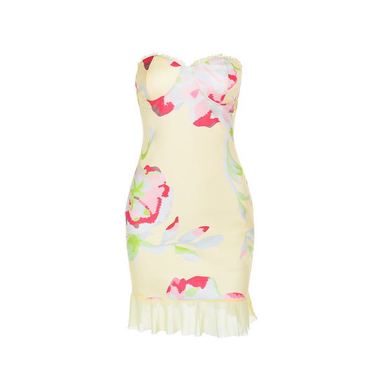 Damen ärmelloses Minikleid mit floralen Mustern und Rüschensaum EB