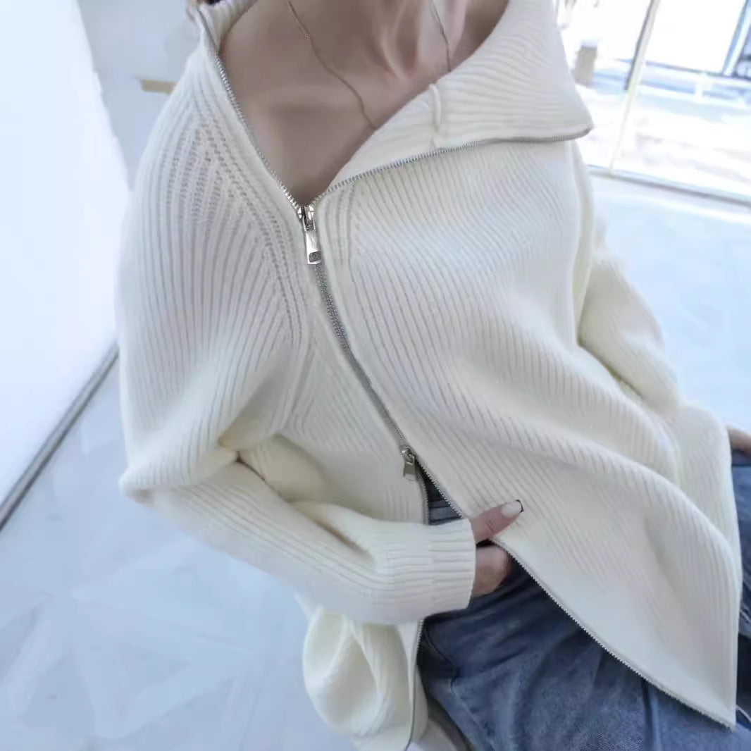 Damen lässiger Strickpullover mit asymmetrischem Reißverschluss und großem Kragen EB