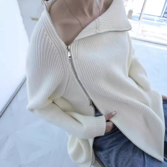 Damen Oversized Pullover mit asymmetrischem Reißverschluss und hochgeschlossenem Kragen EB