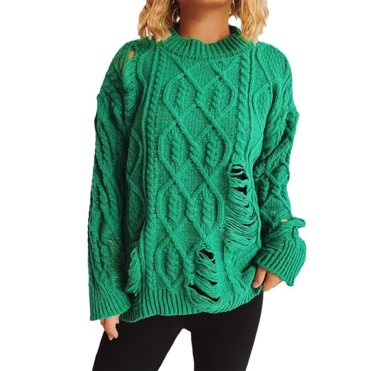 Damen Grobstrickpullover mit einzigartigem Zopfmuster und ausgefransten Details EB