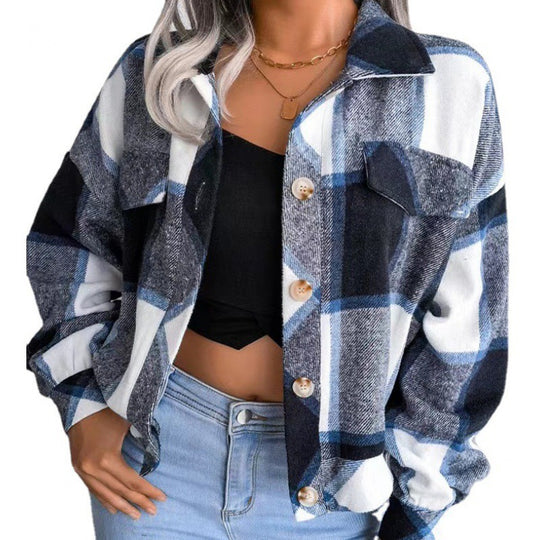 Damen karierte Flanelljacke mit Knopfverschluss und Brusttasche EB