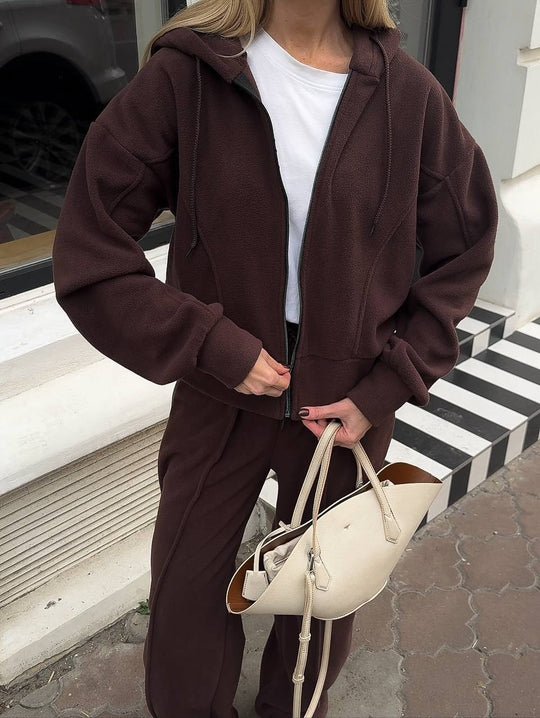 Damen Fleece-Lounge-Set mit kurzem Reißverschluss-Hoodie und taillenhoher Kordel-Jogginghose EB