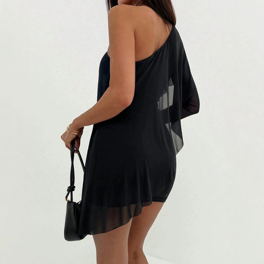 Damen nan asymmetrisches schulterfreies Minikleid mit Drapierung und gerafftem Rock EB