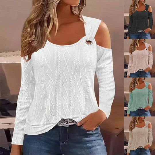 Damen modisches Strickoberteil mit offenem Schulterdesign und dekorativem Ring EB