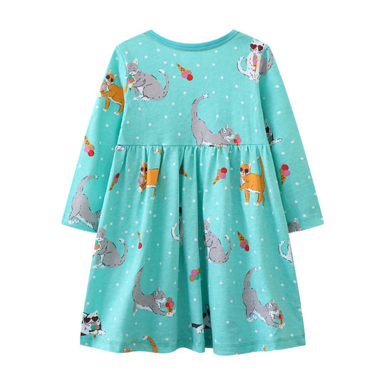 Mädchen Freizeitkleid mit verspieltem Katzenmotiv und praktischen Taschen EB