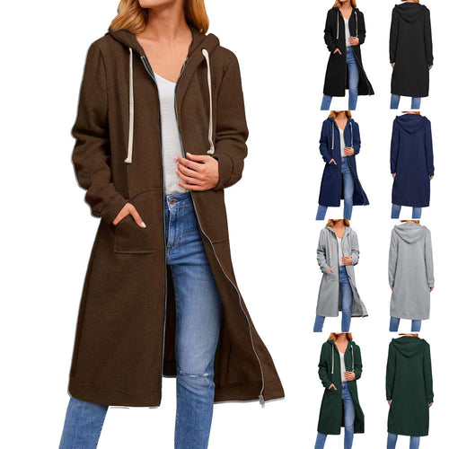 Damen lange Kapuzenjacke mit Reißverschluss und praktischen Taschen EB