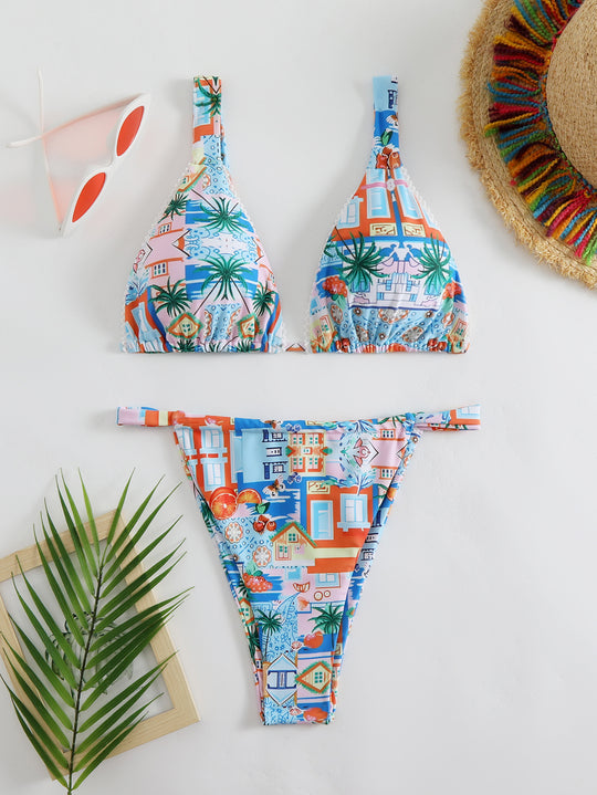 Damen Bikini-Set mit fröhlichem Stadtmotiv und hoch geschnittenem Höschen EB