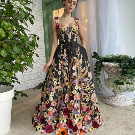 Damen Blumengesticktes Tüllkleid mit Taillengürtel und A-Linien-Silhouette EB