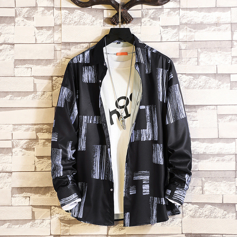 Herren nan langärmliges Hemd mit offenem Reverskragen, kontrastivem Blumenprint und lässiger Regular-Fit Silhouette EB