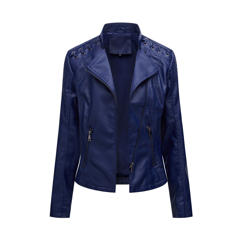 Damen nan kurze Bikerjacke aus Kunstleder mit dekorativen Ösenschnürungen an den Schultern EB