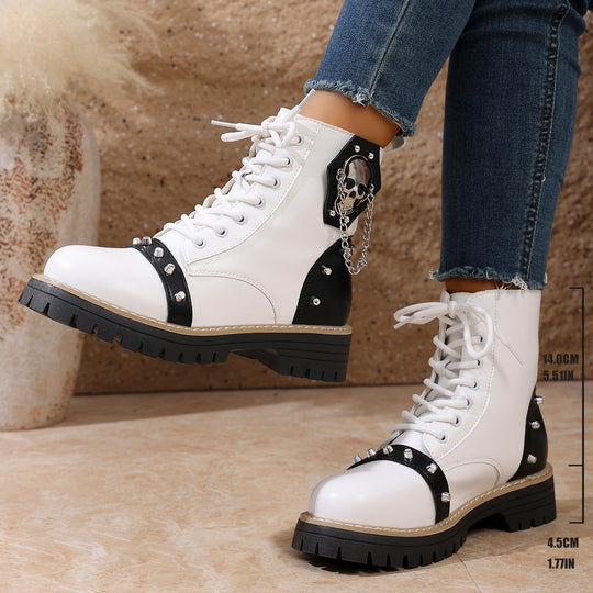 Damen modische Schnürstiefel mit dekorativen Nieten und Kettenanhänger EB