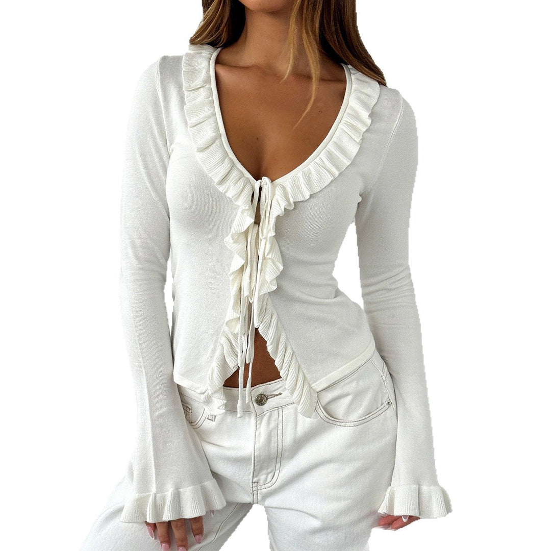 Damen nan tailliertes Rüschen-Feinstrick-Cardigan mit Bindeband, V-Ausschnitt und Volantärmeln EB