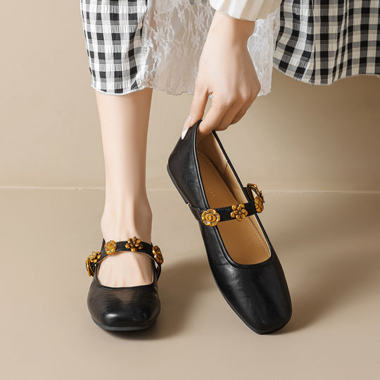 Damen Ballerinas mit dekorativem Riemchen und Blumenakzenten EB